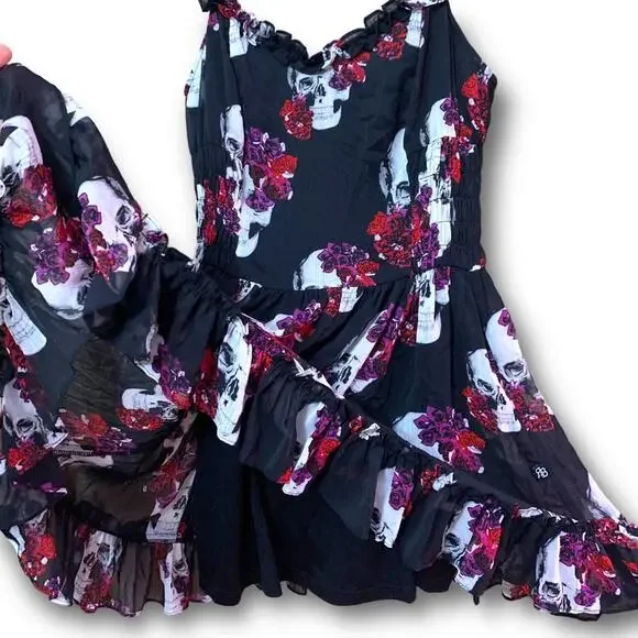 WhimsyGoth Dress Royal Bones by Daang Skull Print Sz Medium Black Chiffon - Picture 2 of 16